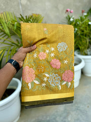 Banarasi Handloom Cotton Soft Embroidered Flowers Saree - Eshana Collections