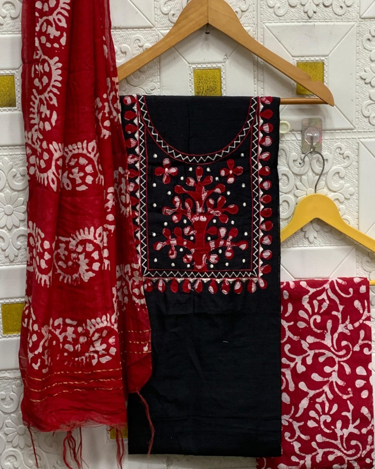 Silk with slub batik patch work suit - Eshana Collections