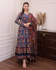 Printed long gown Kurti with pants and dupatta - Eshana Collections