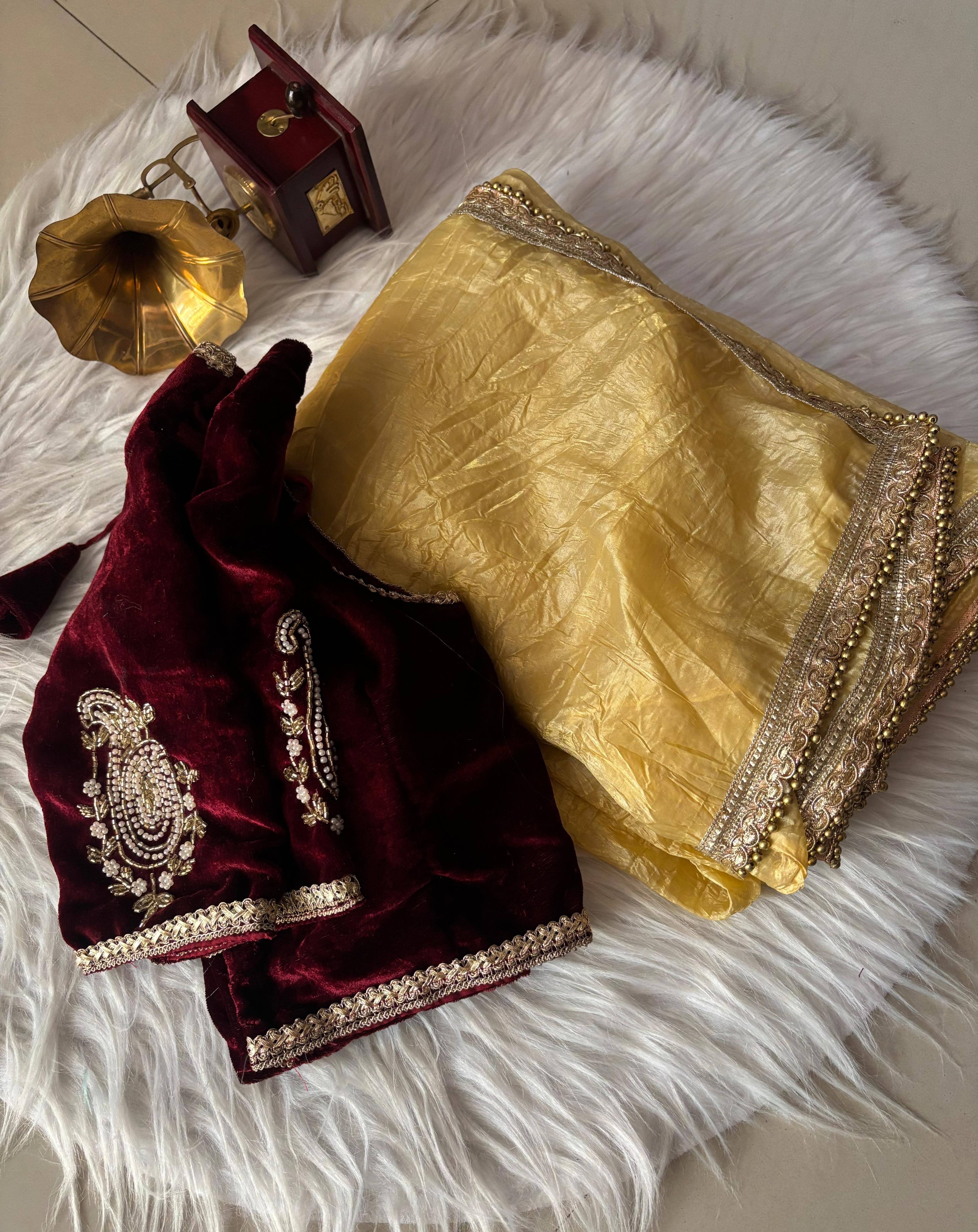 Gold Tissue Designer Saree with Velvet Blouse - Eshana Collections