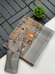 Linen saree with warli prints - Eshana Collections