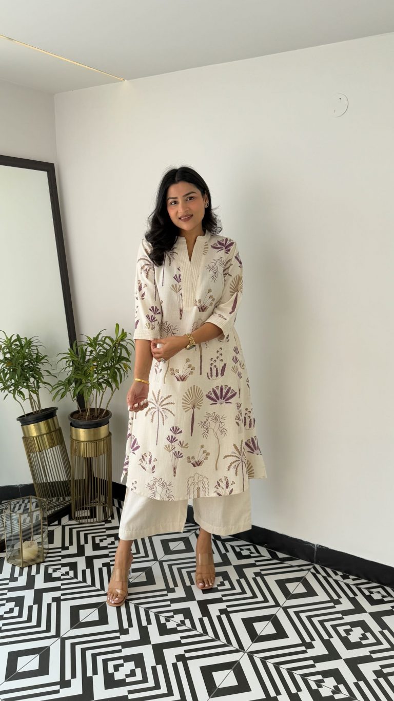 Printed white Kurta palazzo set - Eshana Collections