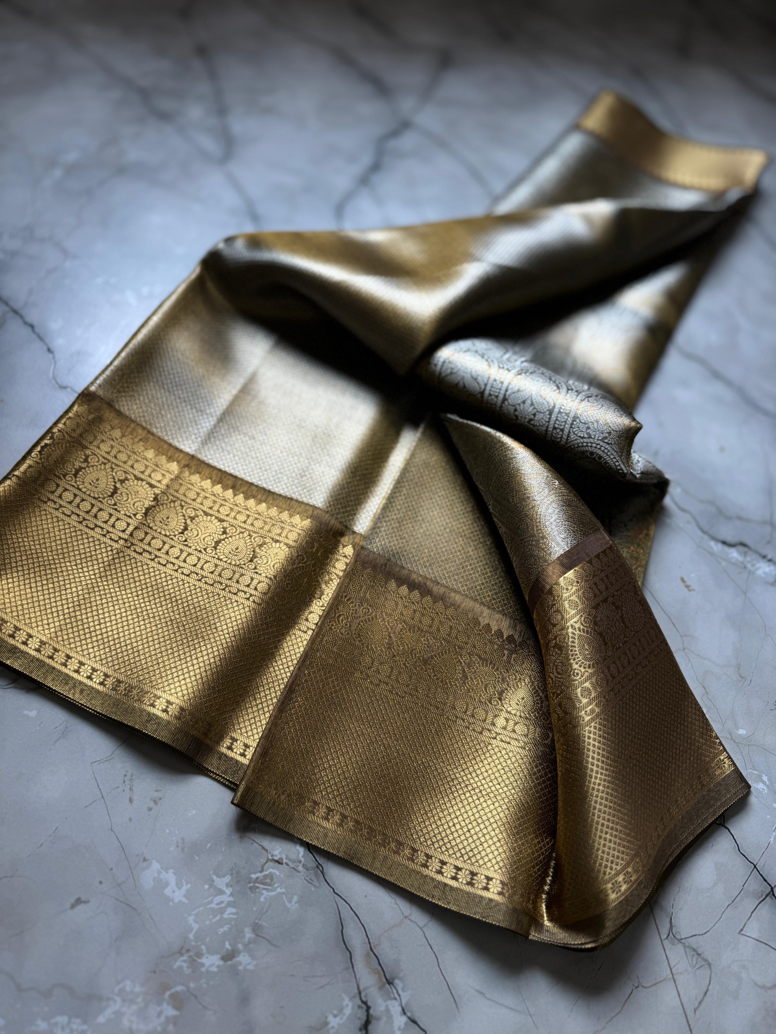 Golden semi Kanjivaram Tissue silk saree - Eshana Collections