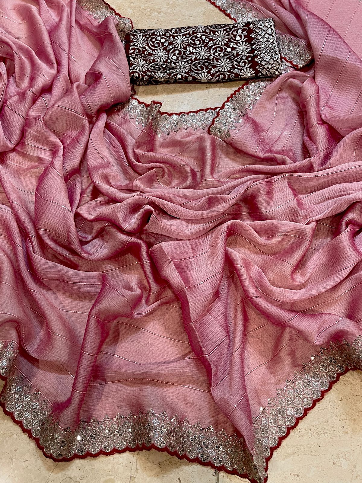 Chiffon Sequence Multi Embroidery Work Saree - Eshana Collections