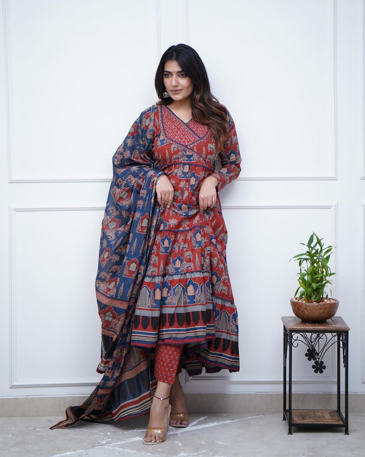 Printed long gown Kurti with pants and dupatta - Eshana Collections