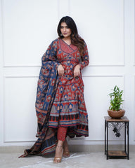 Printed long gown Kurti with pants and dupatta - Eshana Collections