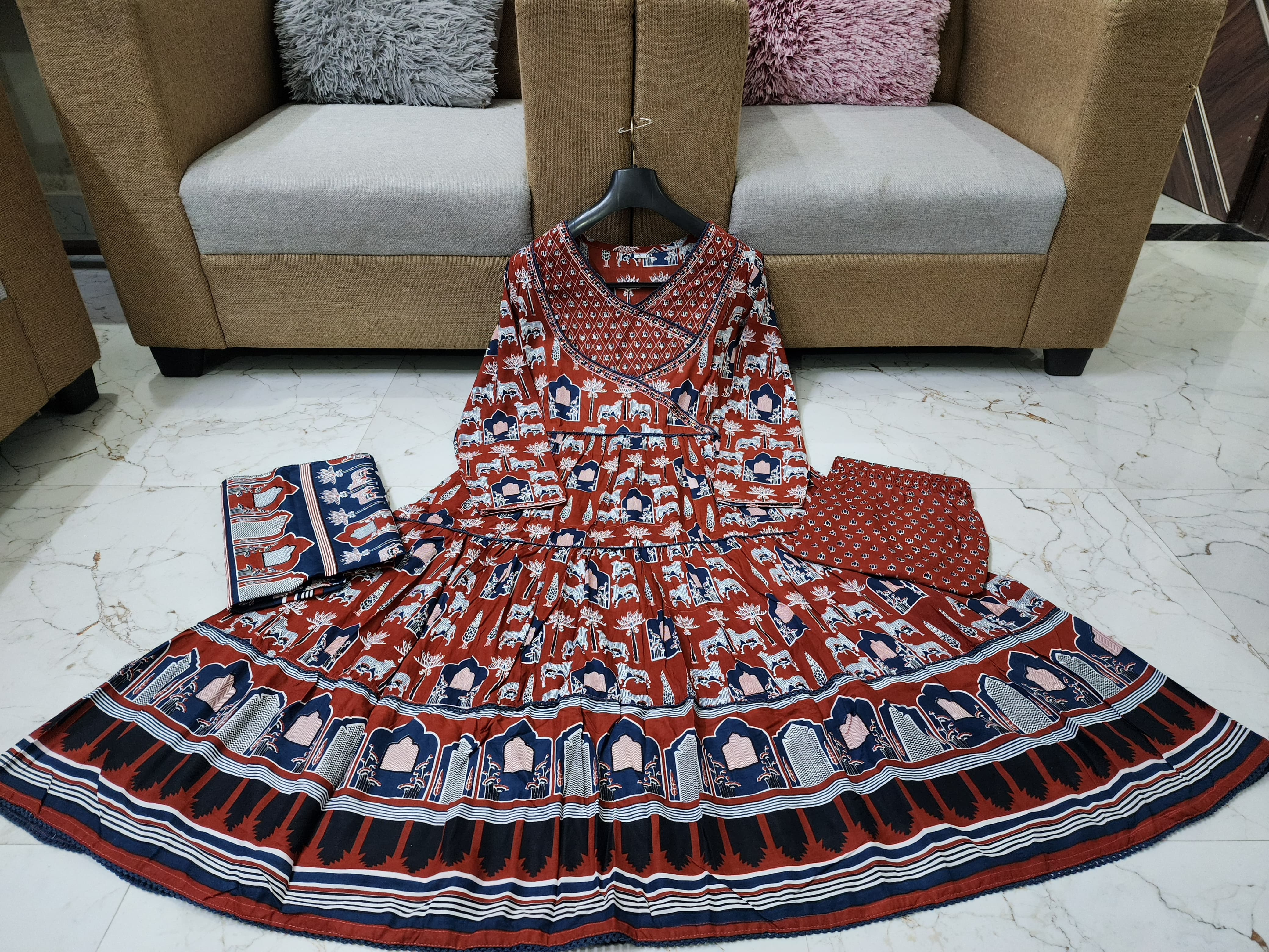 Printed long gown Kurti with pants and dupatta - Eshana Collections