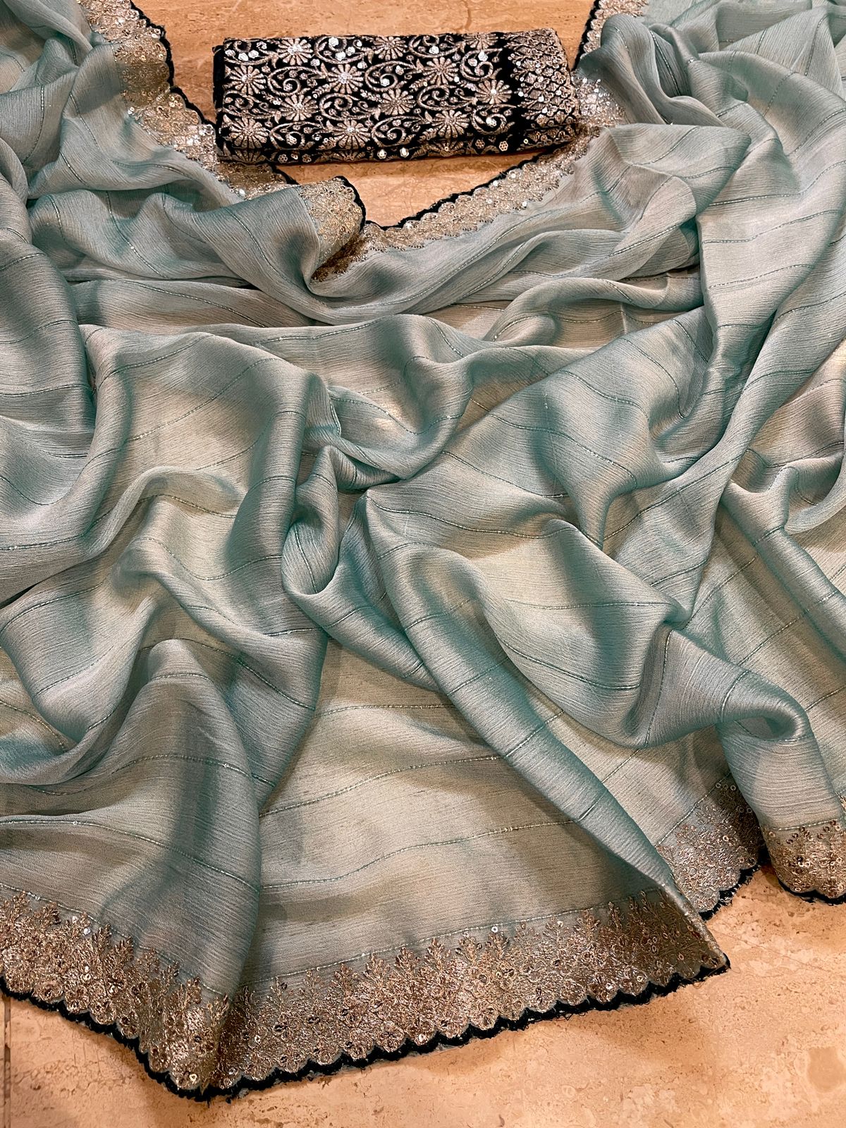 Chiffon Sequence Multi Embroidery Work Saree - Eshana Collections