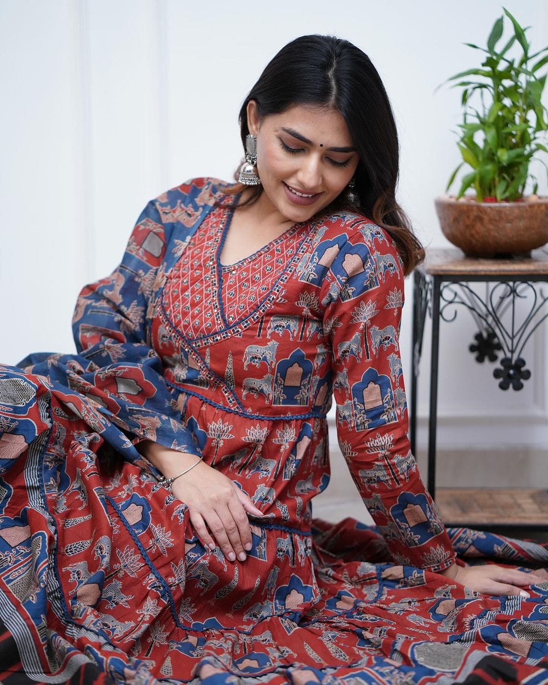Printed long gown Kurti with pants and dupatta - Eshana Collections