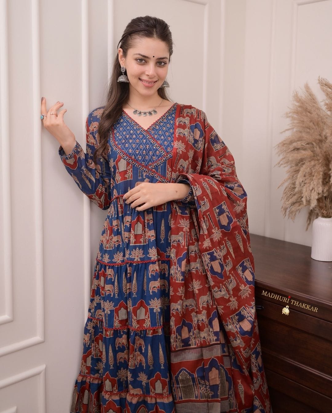Printed long gown Kurti with pants and dupatta - Eshana Collections