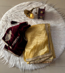 Gold Tissue Designer Saree with Velvet Blouse - Eshana Collections