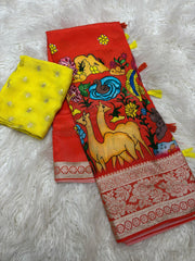 Tussar dola silk sarees with pen kalamkari work - Eshana Collections