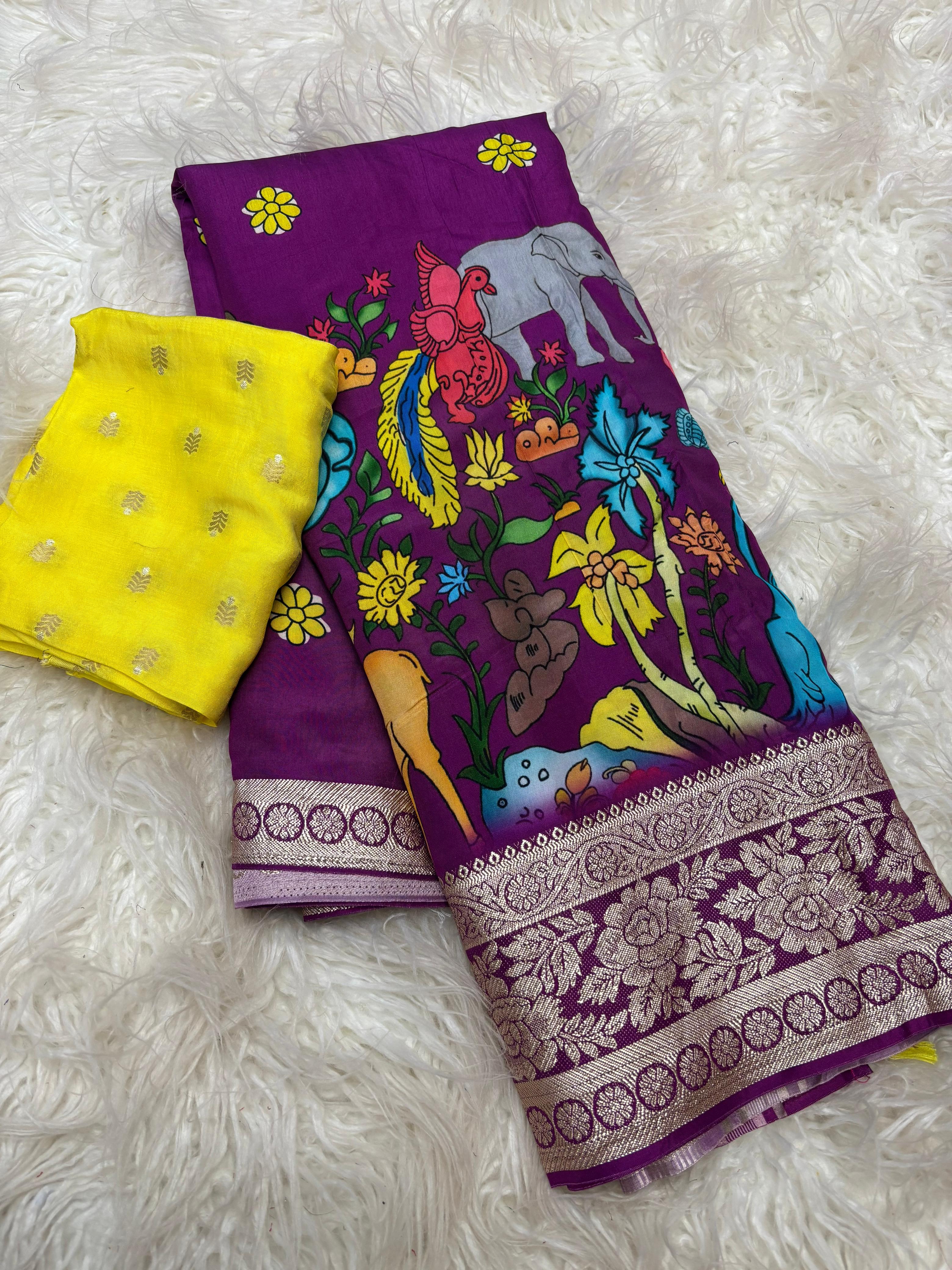 Tussar dola silk sarees with pen kalamkari work - Eshana Collections