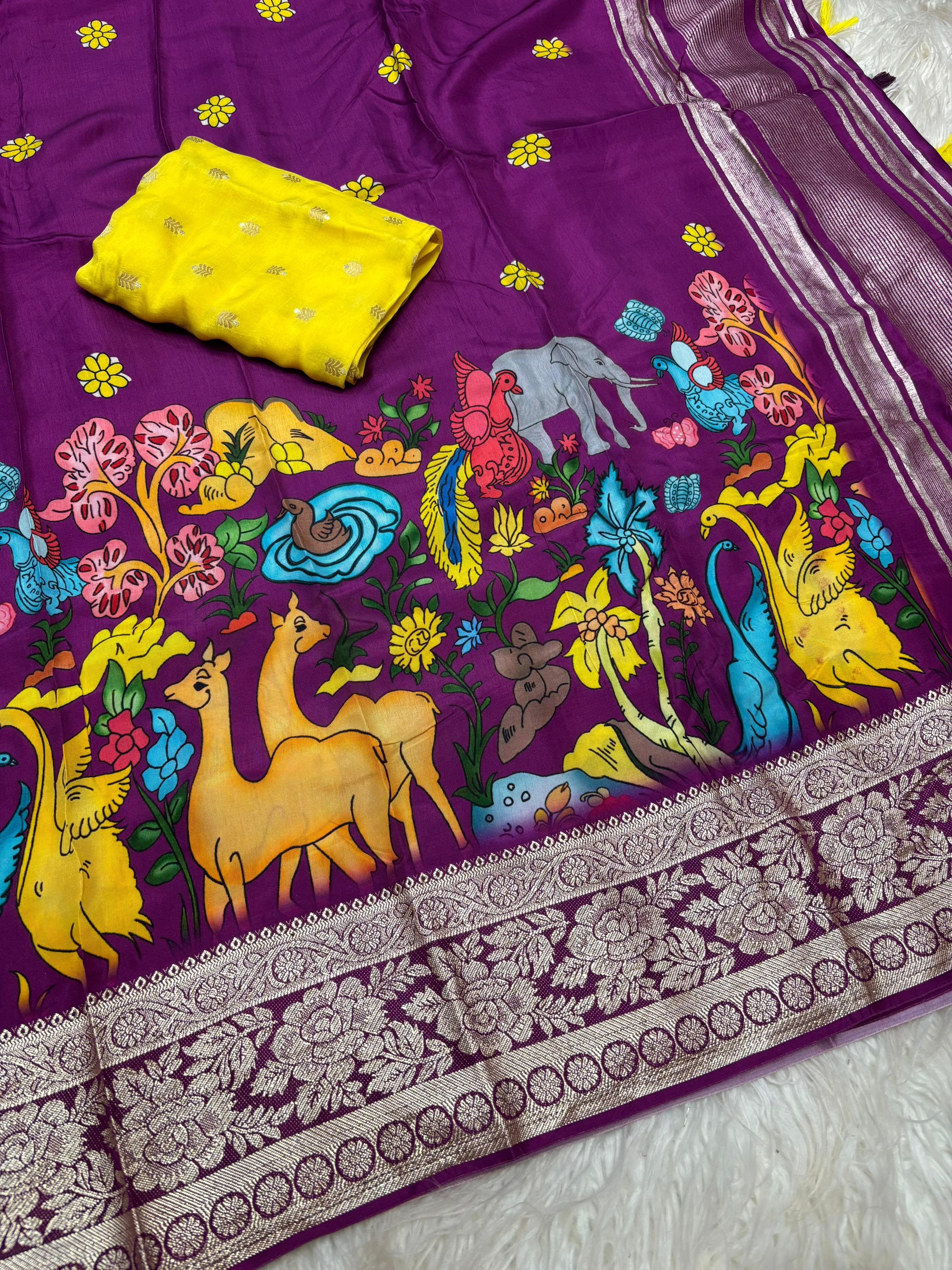 Tussar dola silk sarees with pen kalamkari work - Eshana Collections