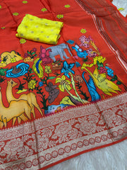 Tussar dola silk sarees with pen kalamkari work - Eshana Collections