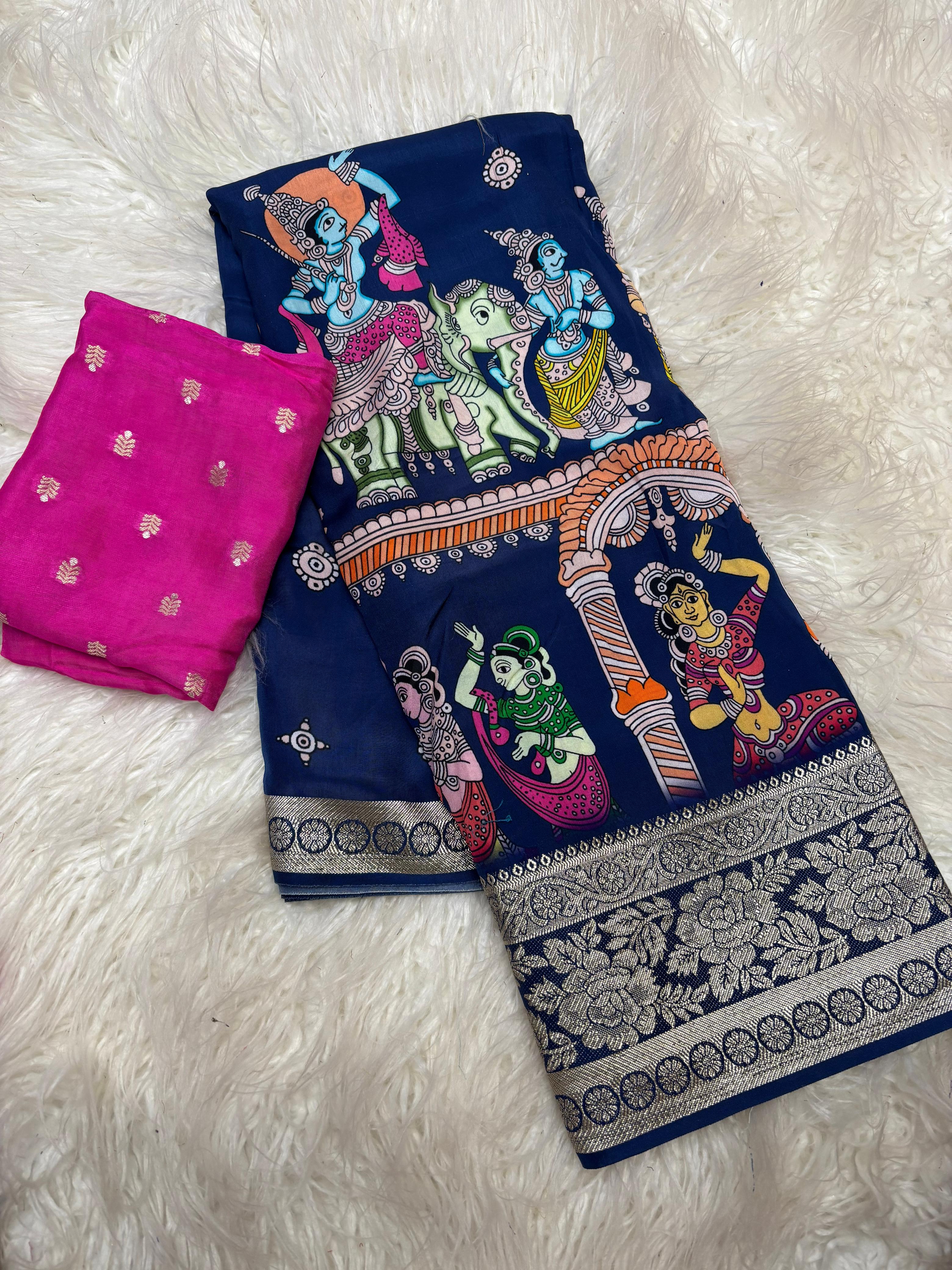Tussar dola silk sarees with pen kalamkari work - Eshana Collections