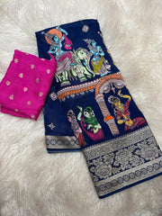 Tussar dola silk sarees with pen kalamkari work - Eshana Collections