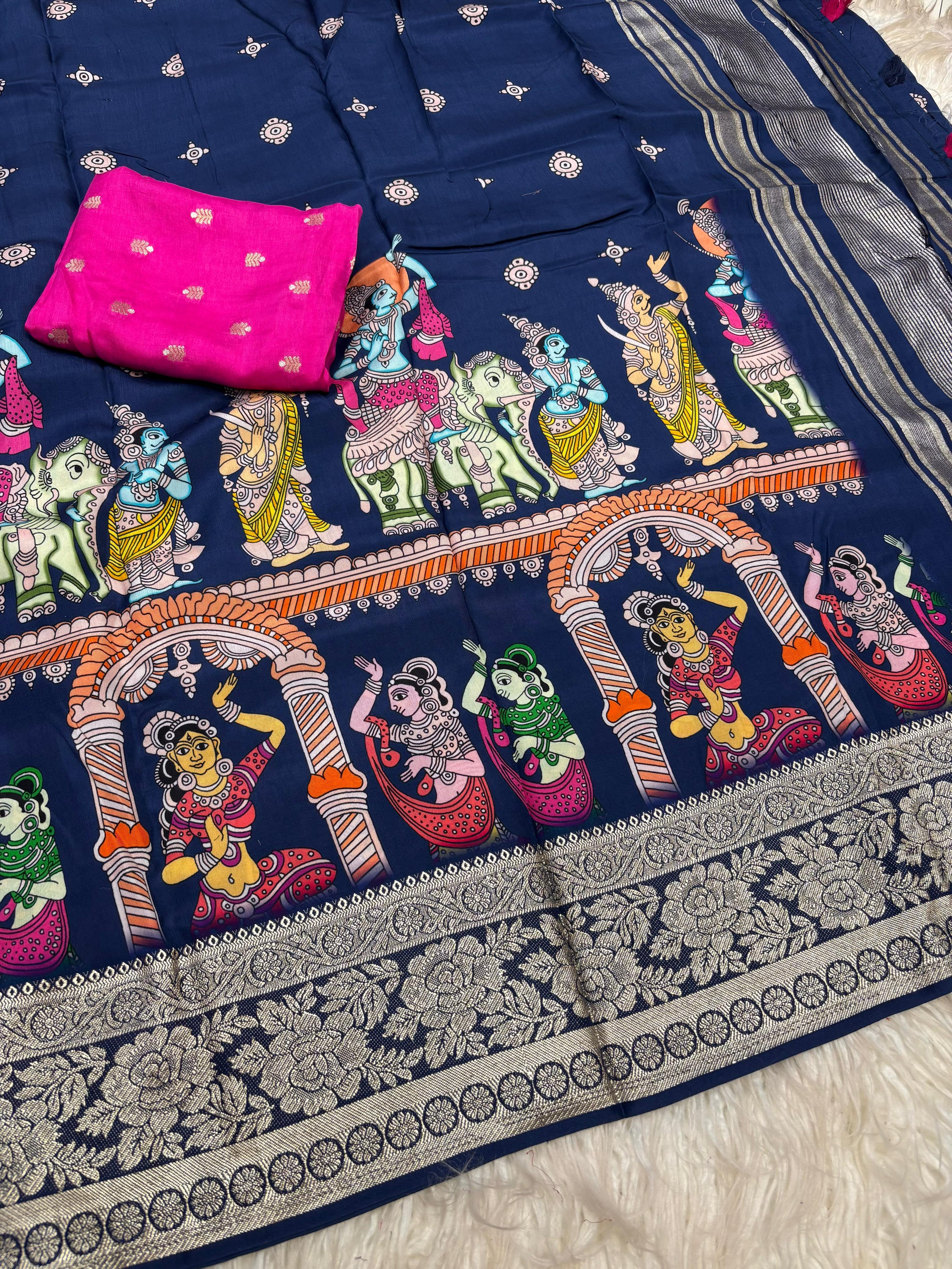 Tussar dola silk sarees with pen kalamkari work - Eshana Collections