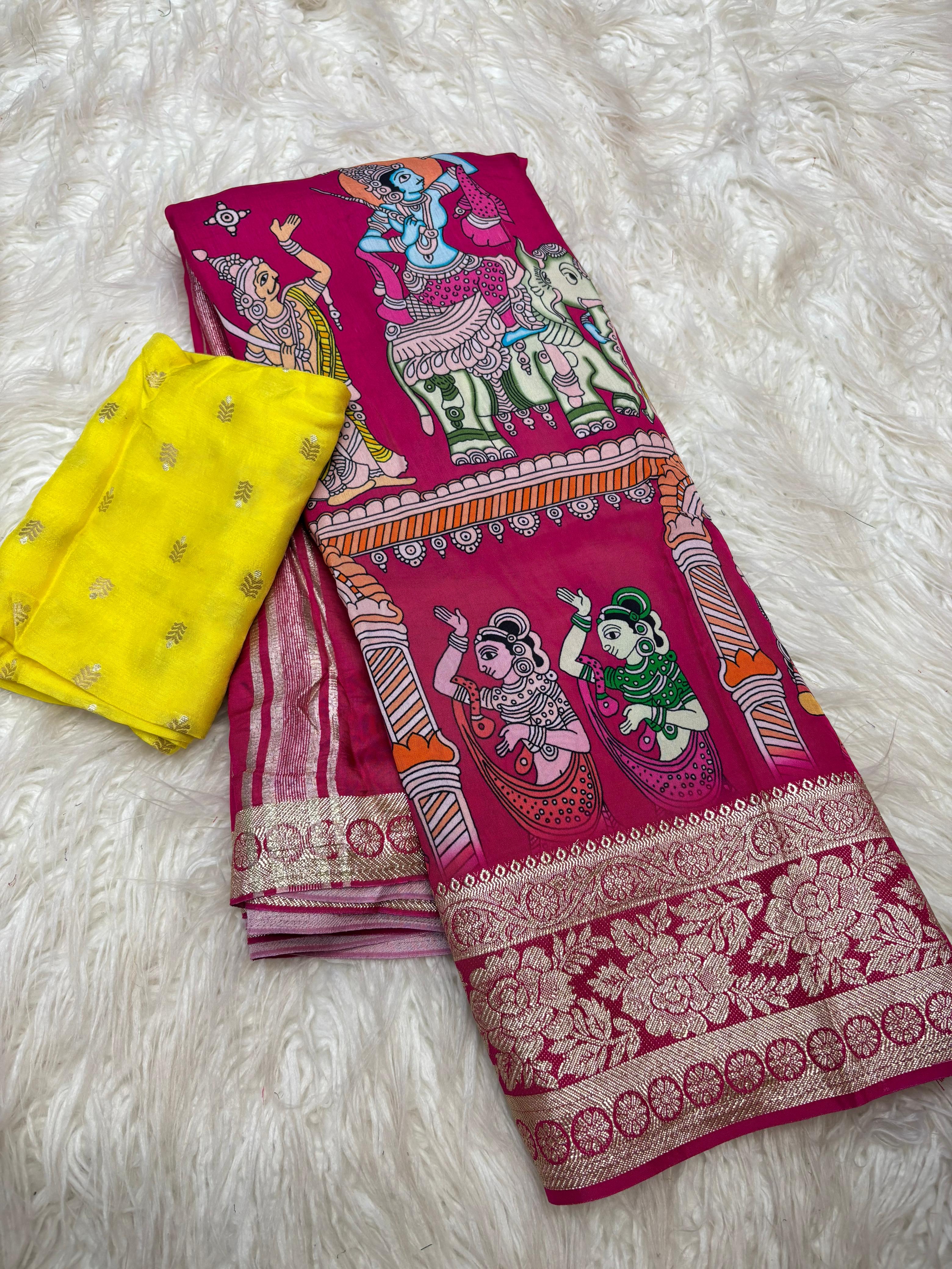 Tussar dola silk sarees with pen kalamkari work - Eshana Collections