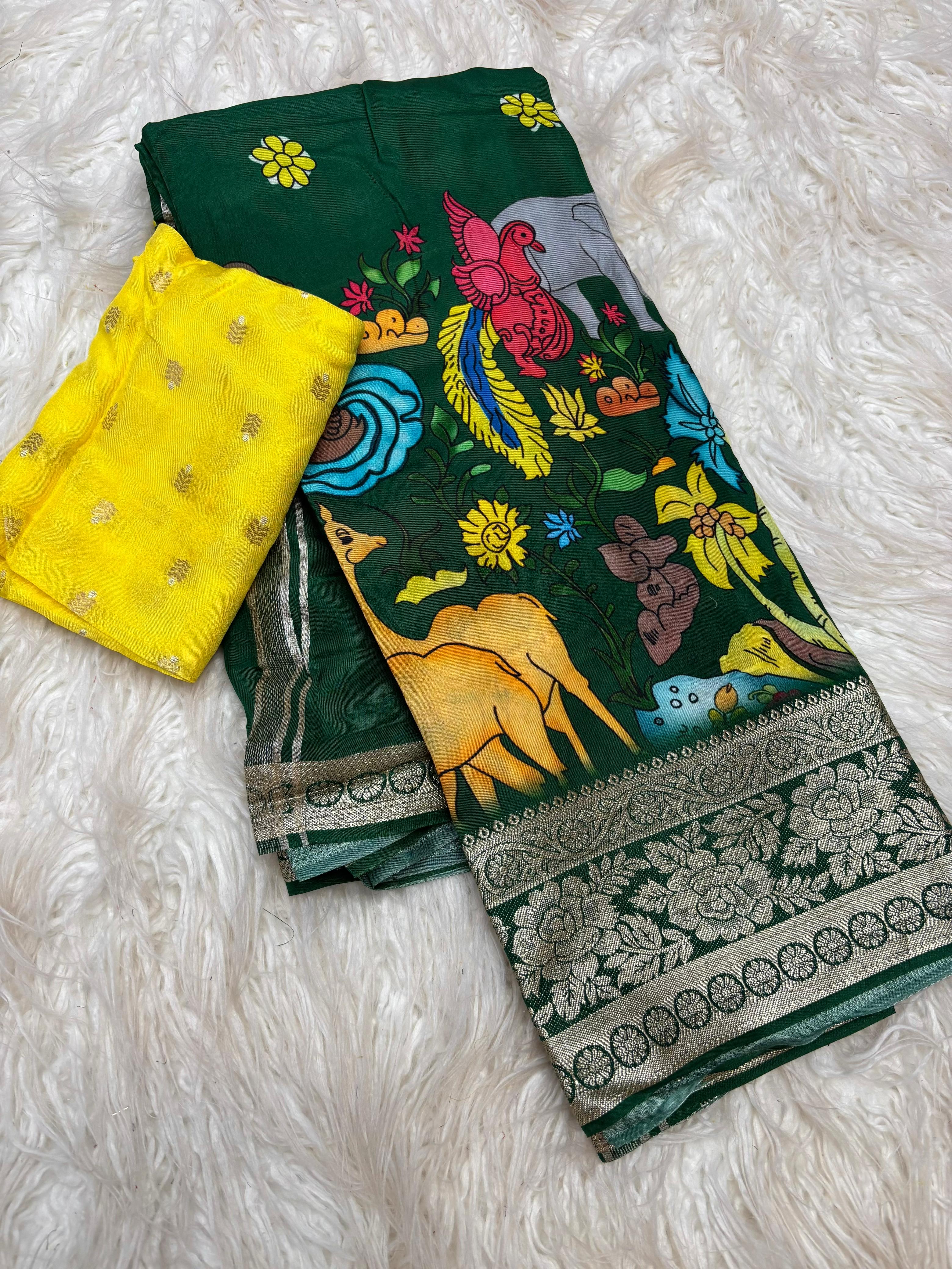 Tussar dola silk sarees with pen kalamkari work - Eshana Collections