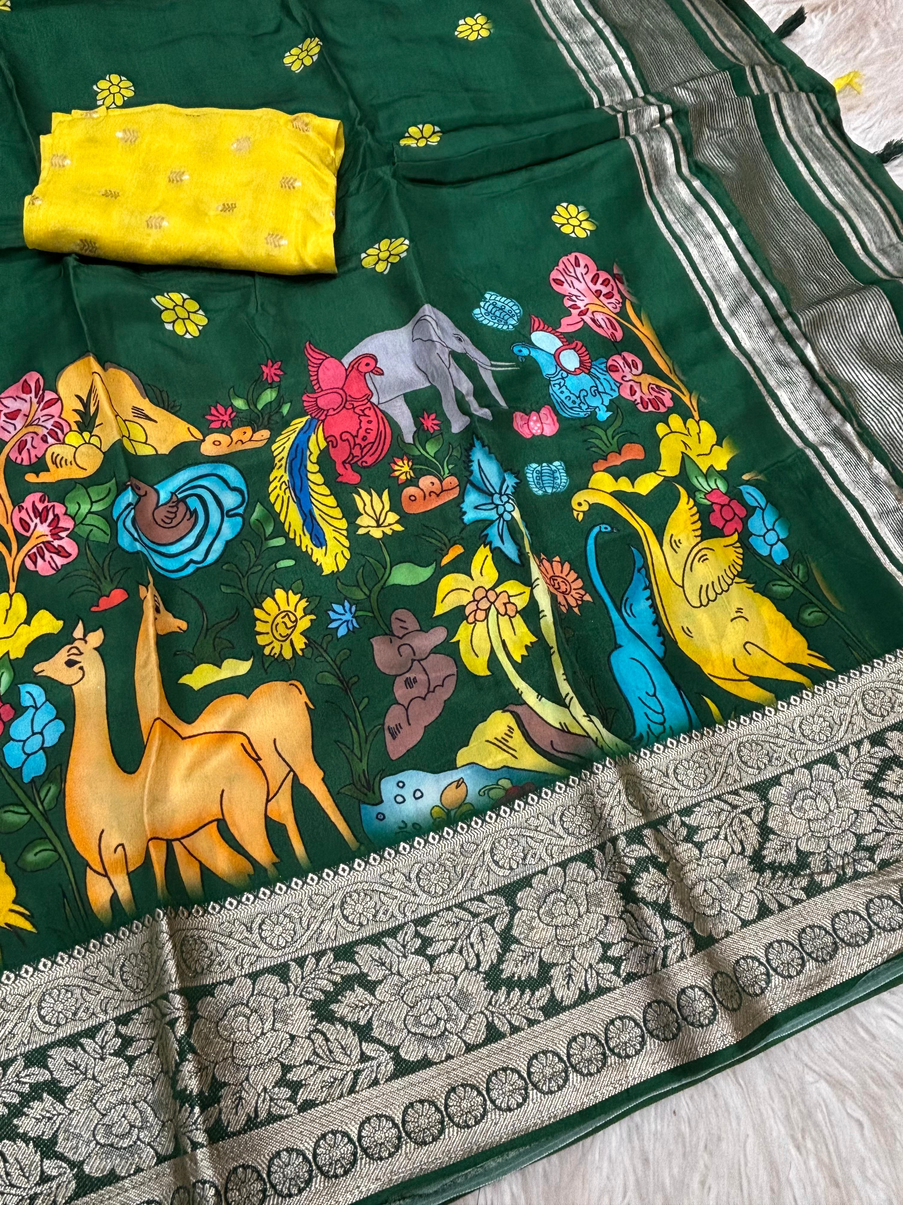 Tussar dola silk sarees with pen kalamkari work - Eshana Collections