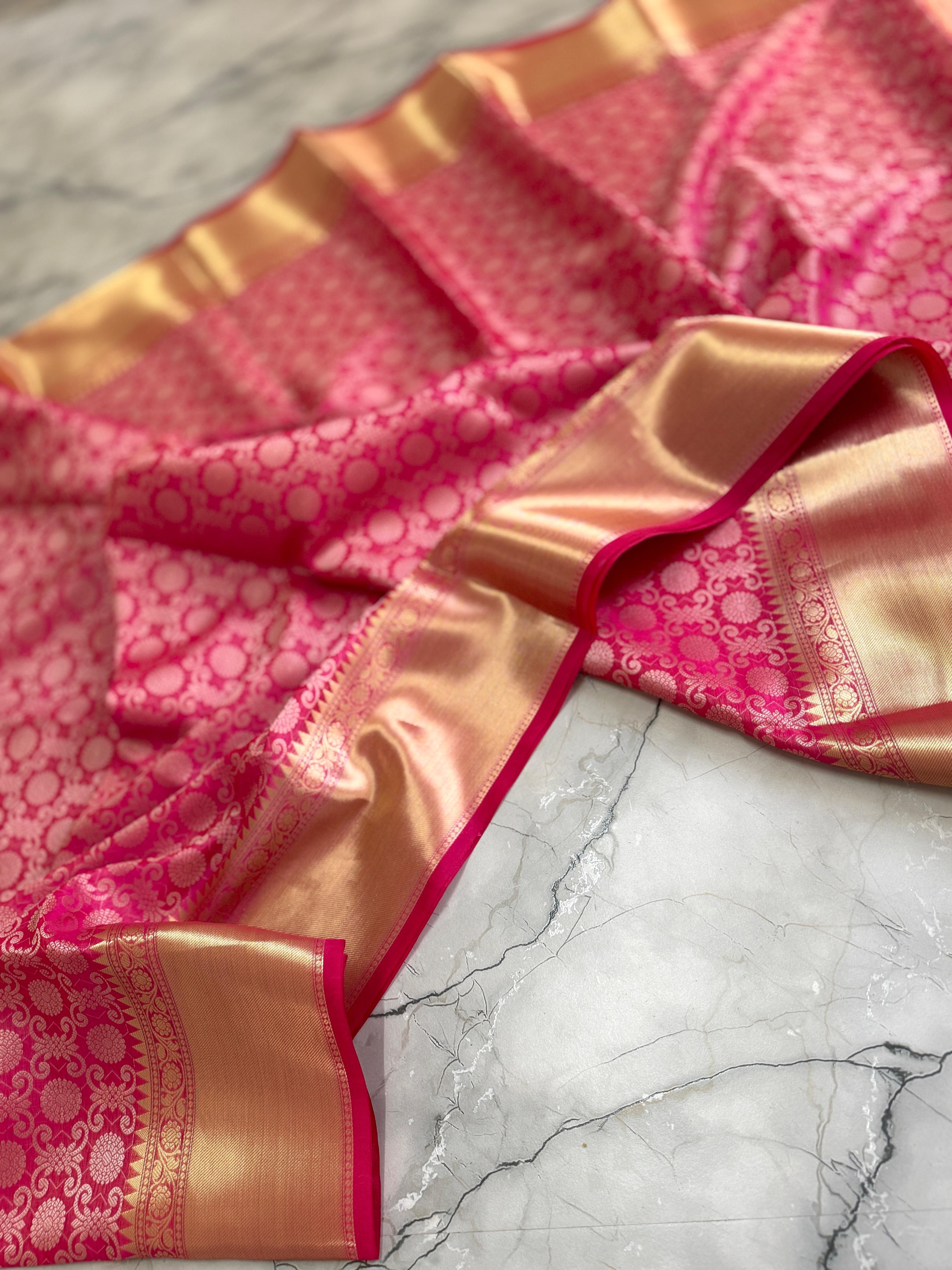 The pink semi silk saree in kanjiwaram designs - Eshana Collections