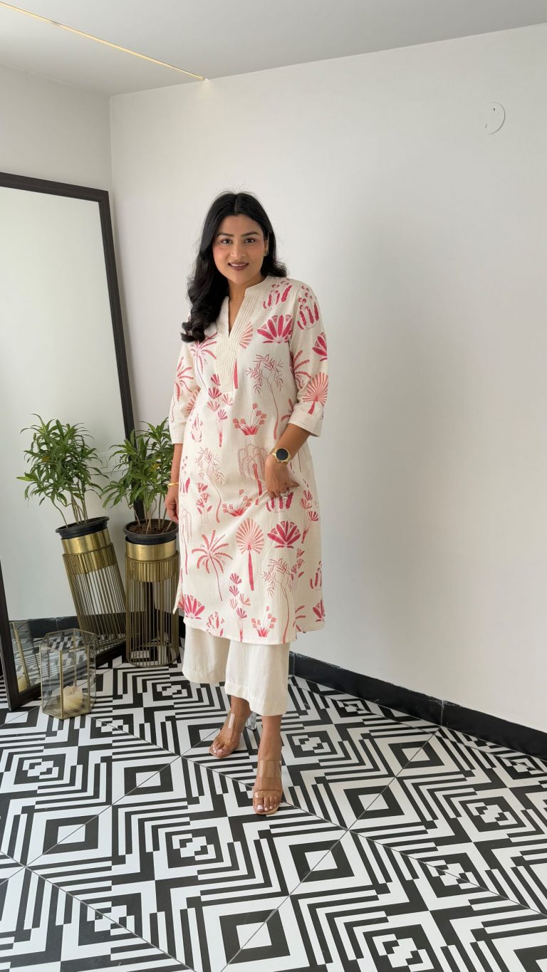 Printed white Kurta palazzo set - Eshana Collections