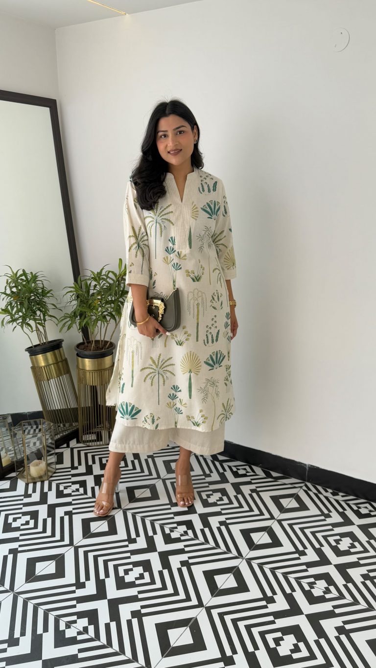 Printed white Kurta palazzo set - Eshana Collections