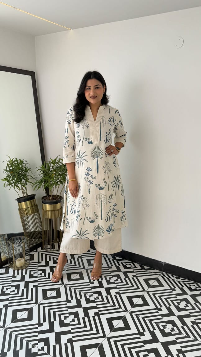 Printed white Kurta palazzo set - Eshana Collections