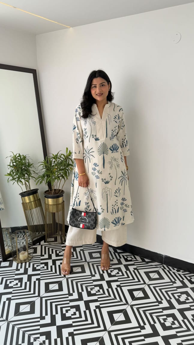 Printed white Kurta palazzo set - Eshana Collections