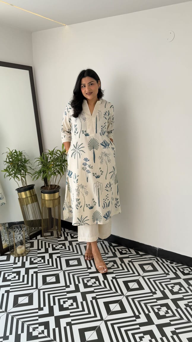 Printed white Kurta palazzo set - Eshana Collections