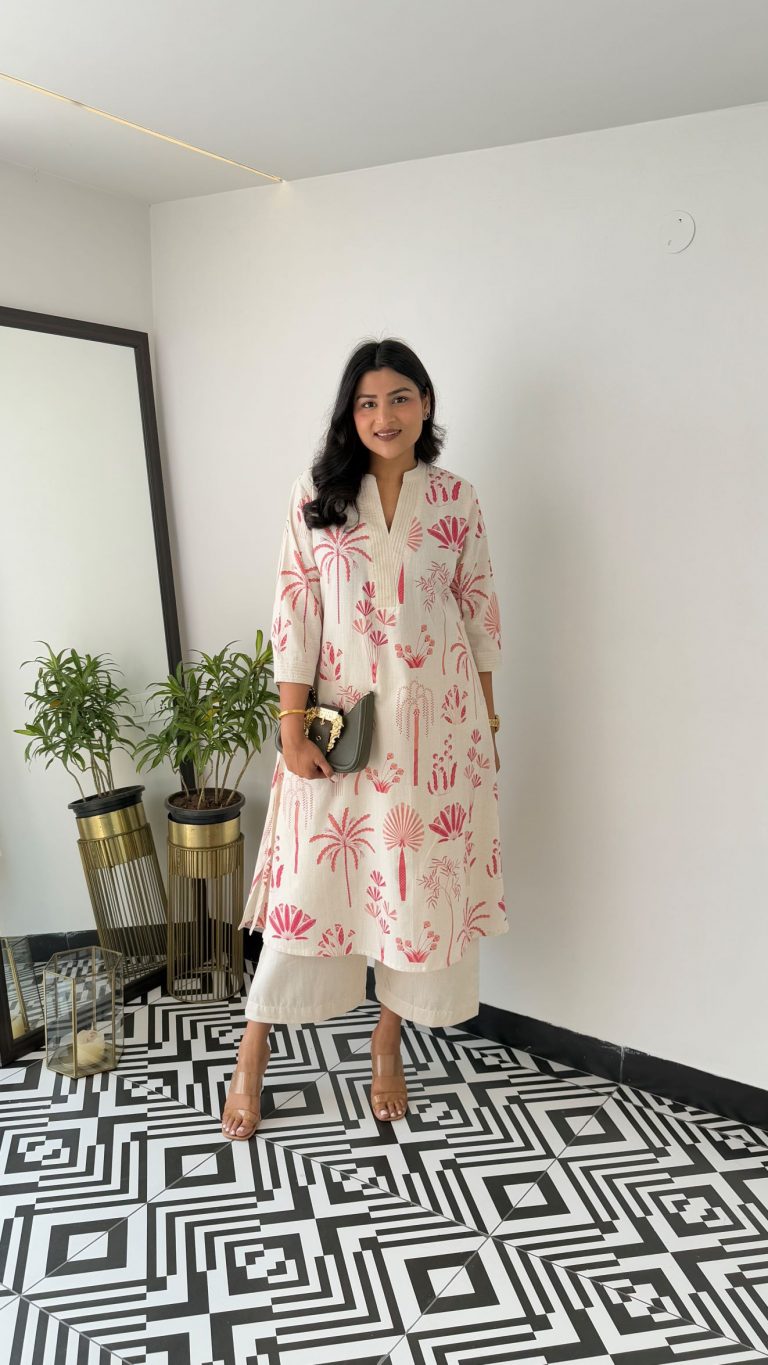 Printed white Kurta palazzo set - Eshana Collections