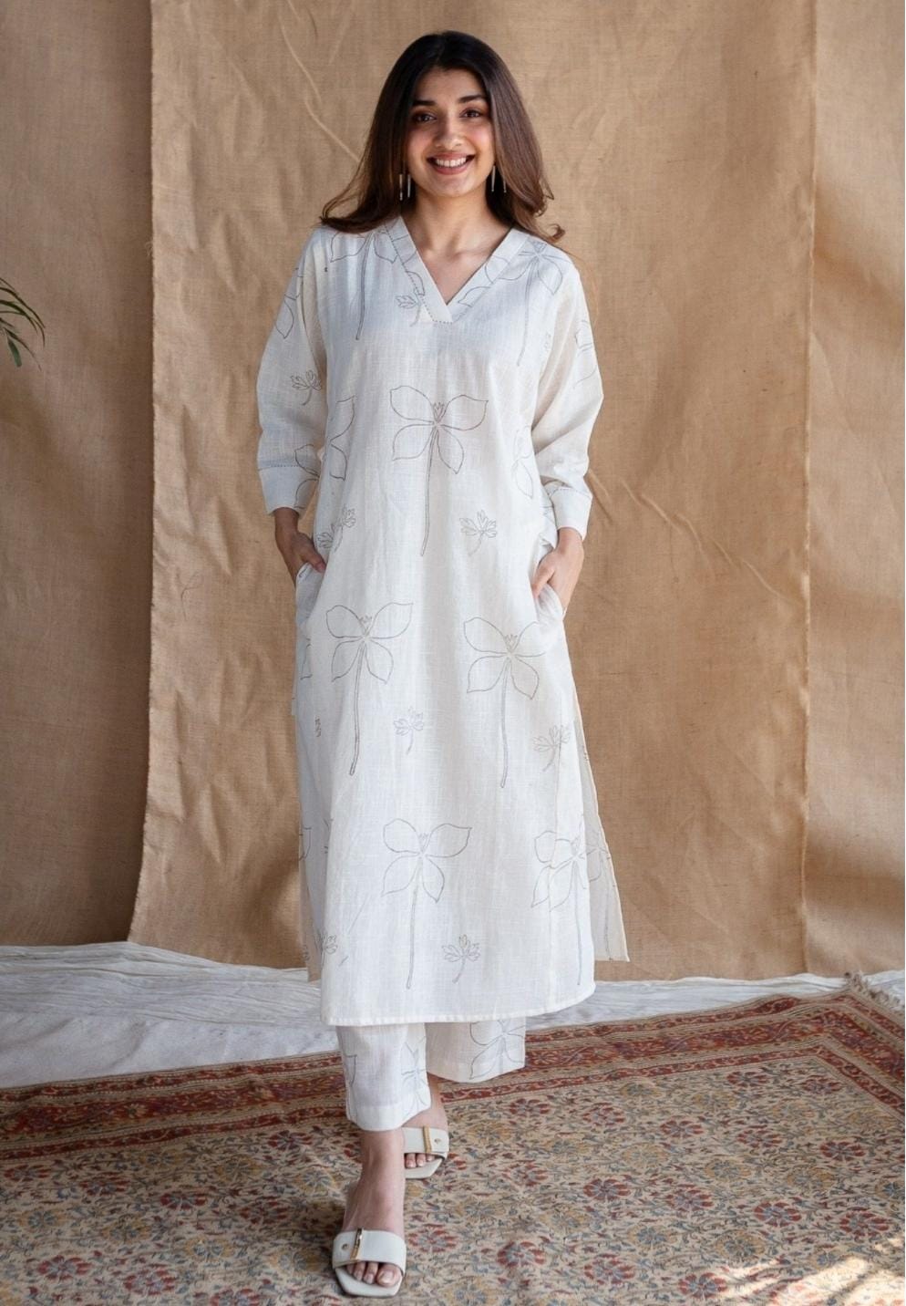 White kurti and palazzo set/ casual wear - Eshana Collections