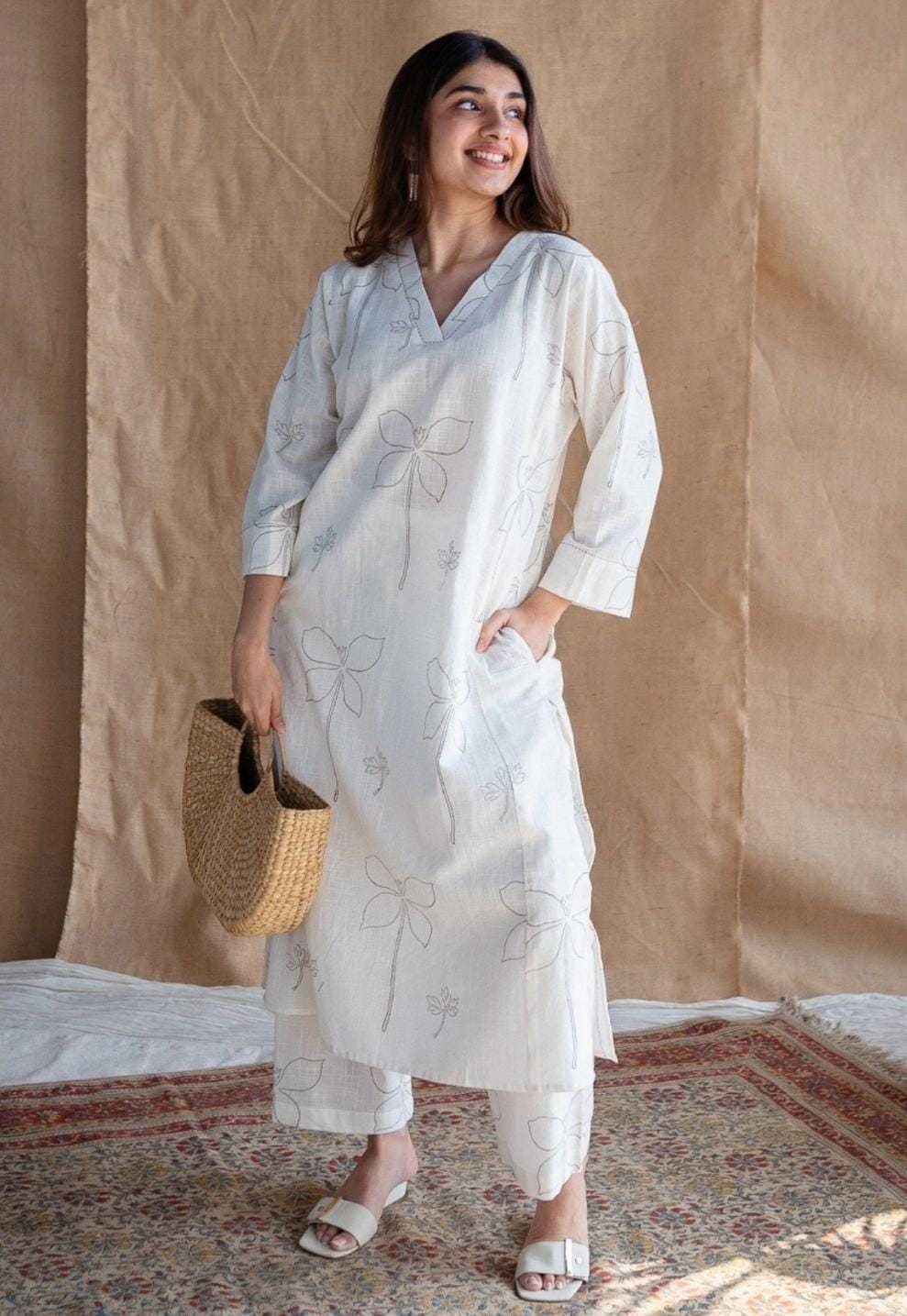 White kurti and palazzo set/ casual wear - Eshana Collections