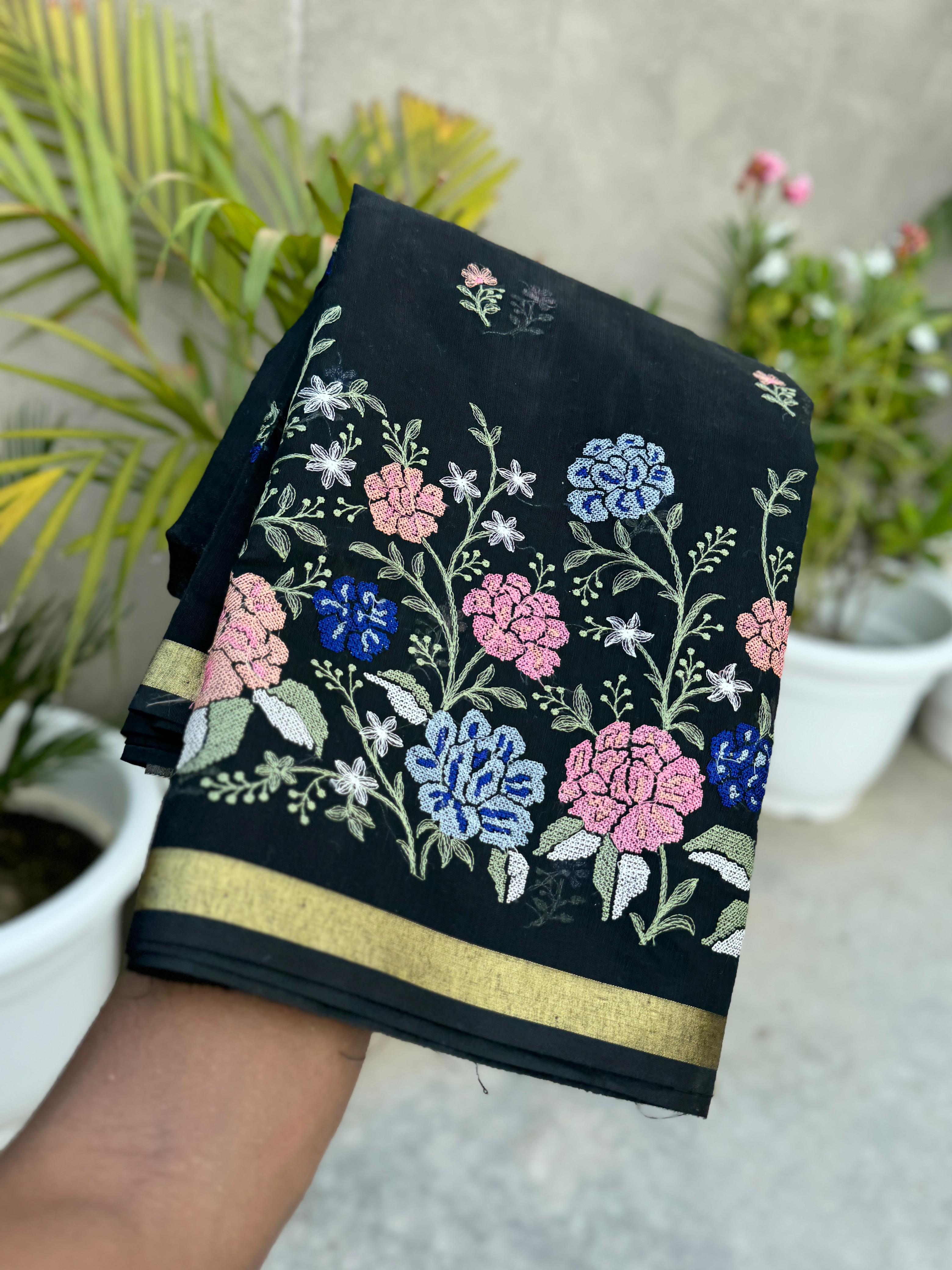 Banarasi Handloom Cotton Soft Embroidered Flowers Saree - Eshana Collections