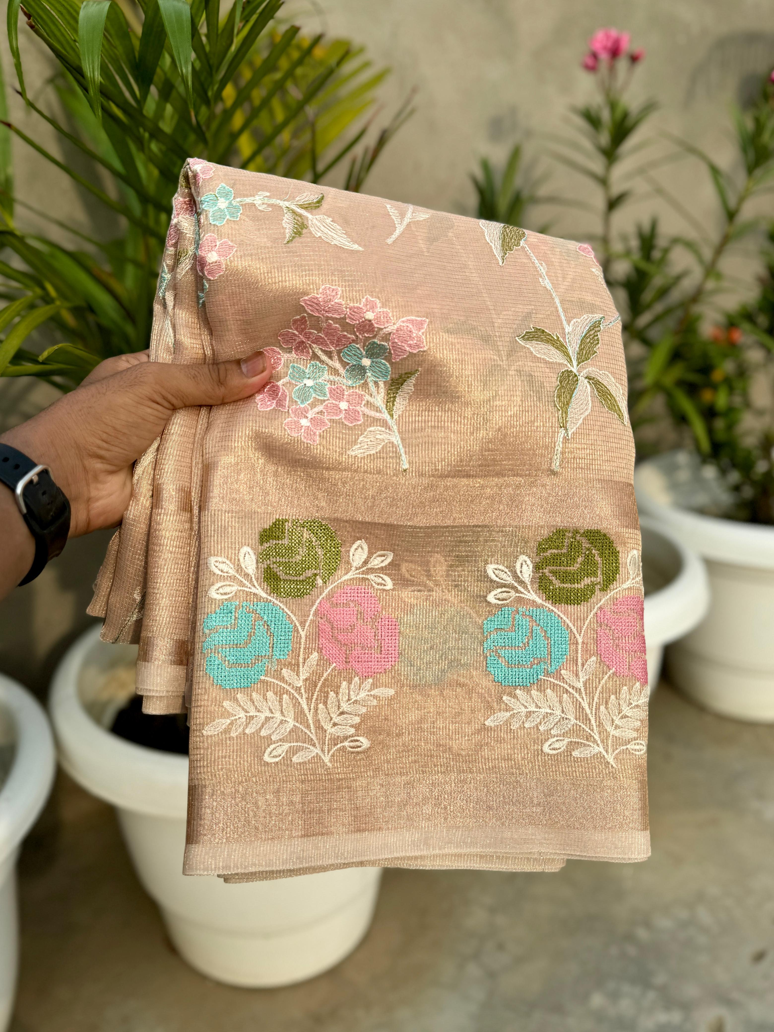 Stylish Banarasi handloom tissue embroidered flower design saree - Eshana Collections