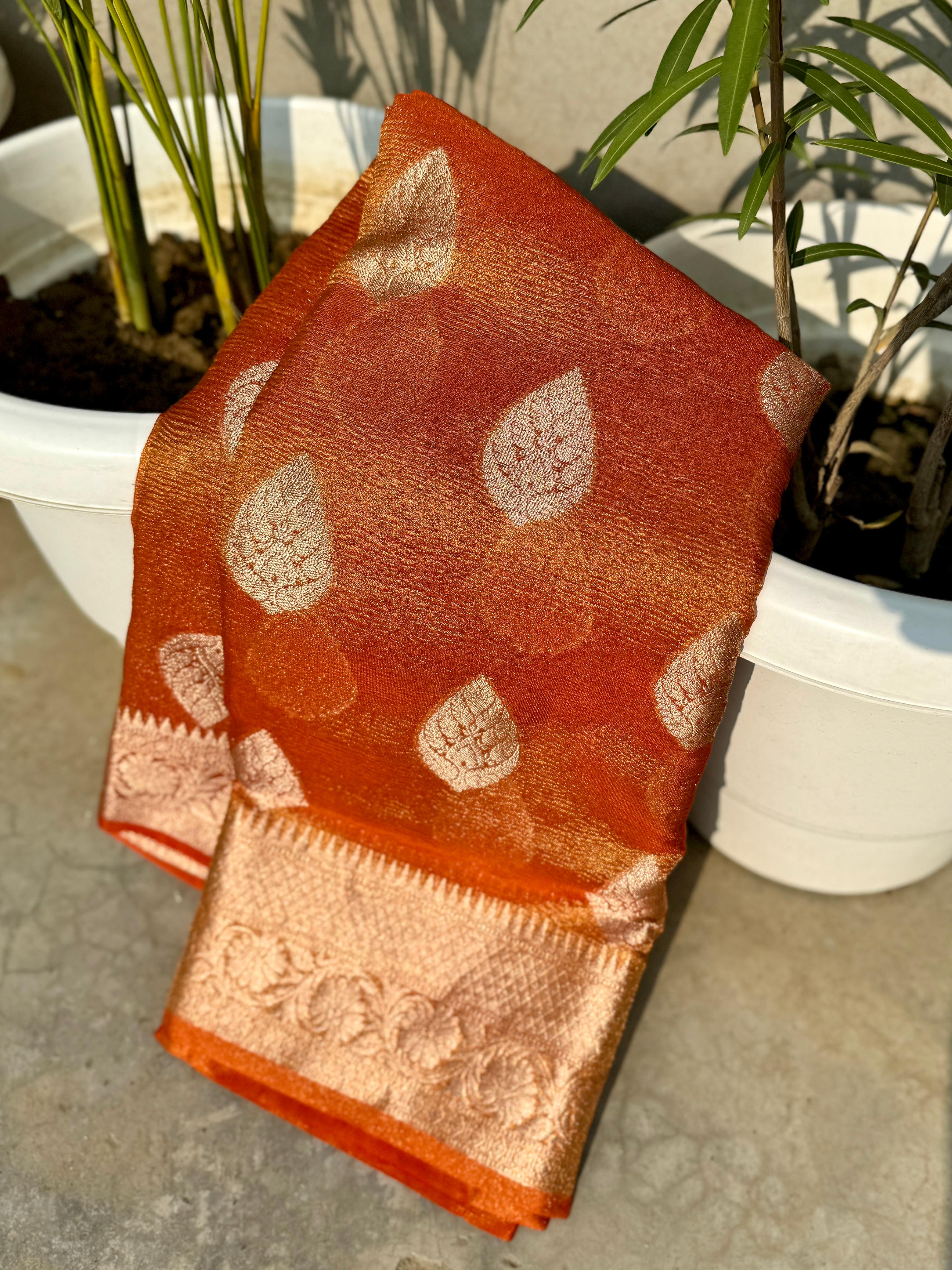 Banarasi tissue crushed Katan silk fabric saree - Eshana Collections