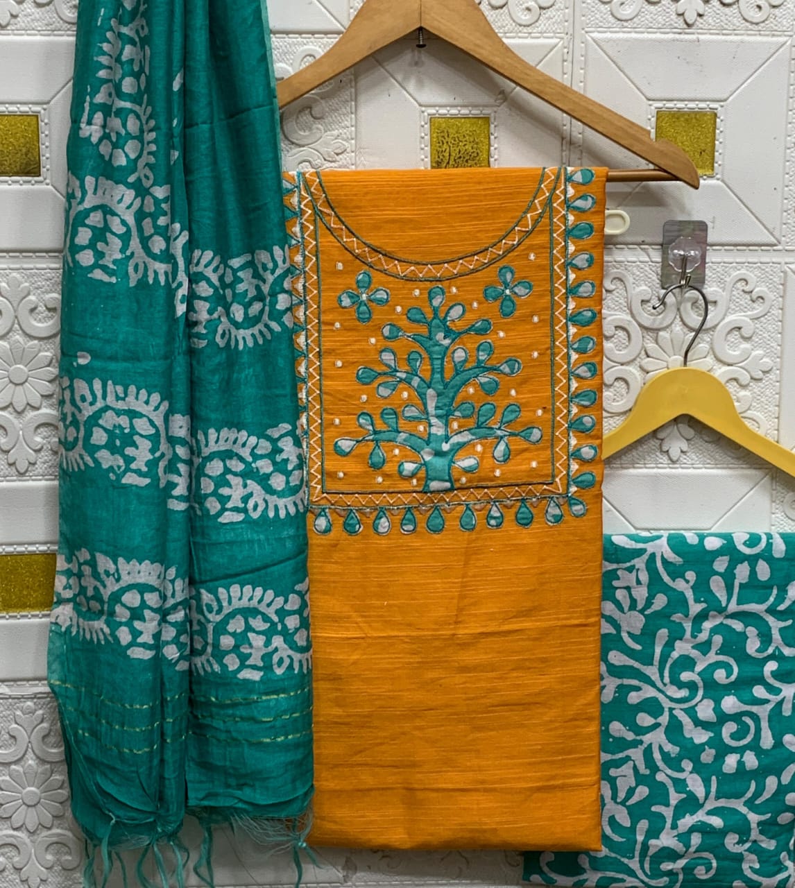 Silk with slub batik patch work suit - Eshana Collections