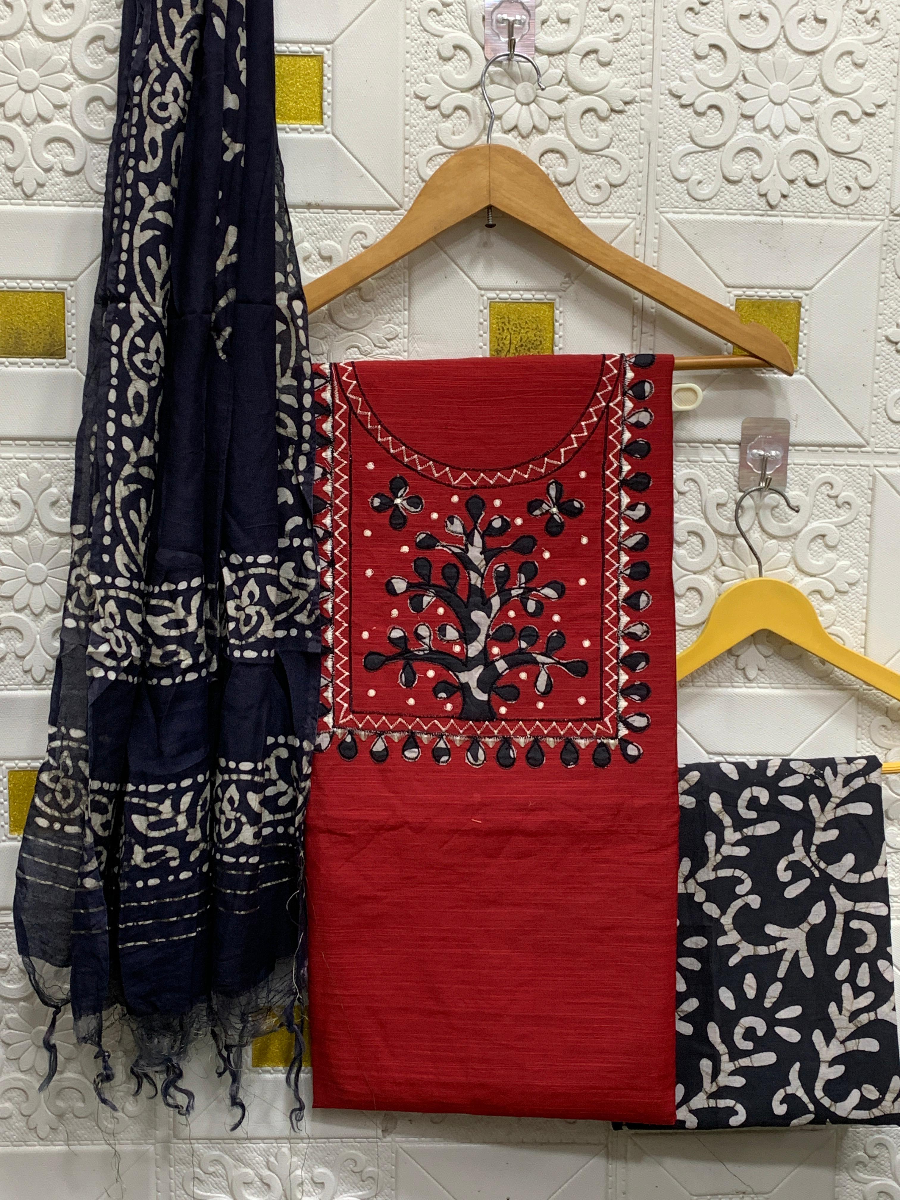Silk with slub batik patch work suit - Eshana Collections