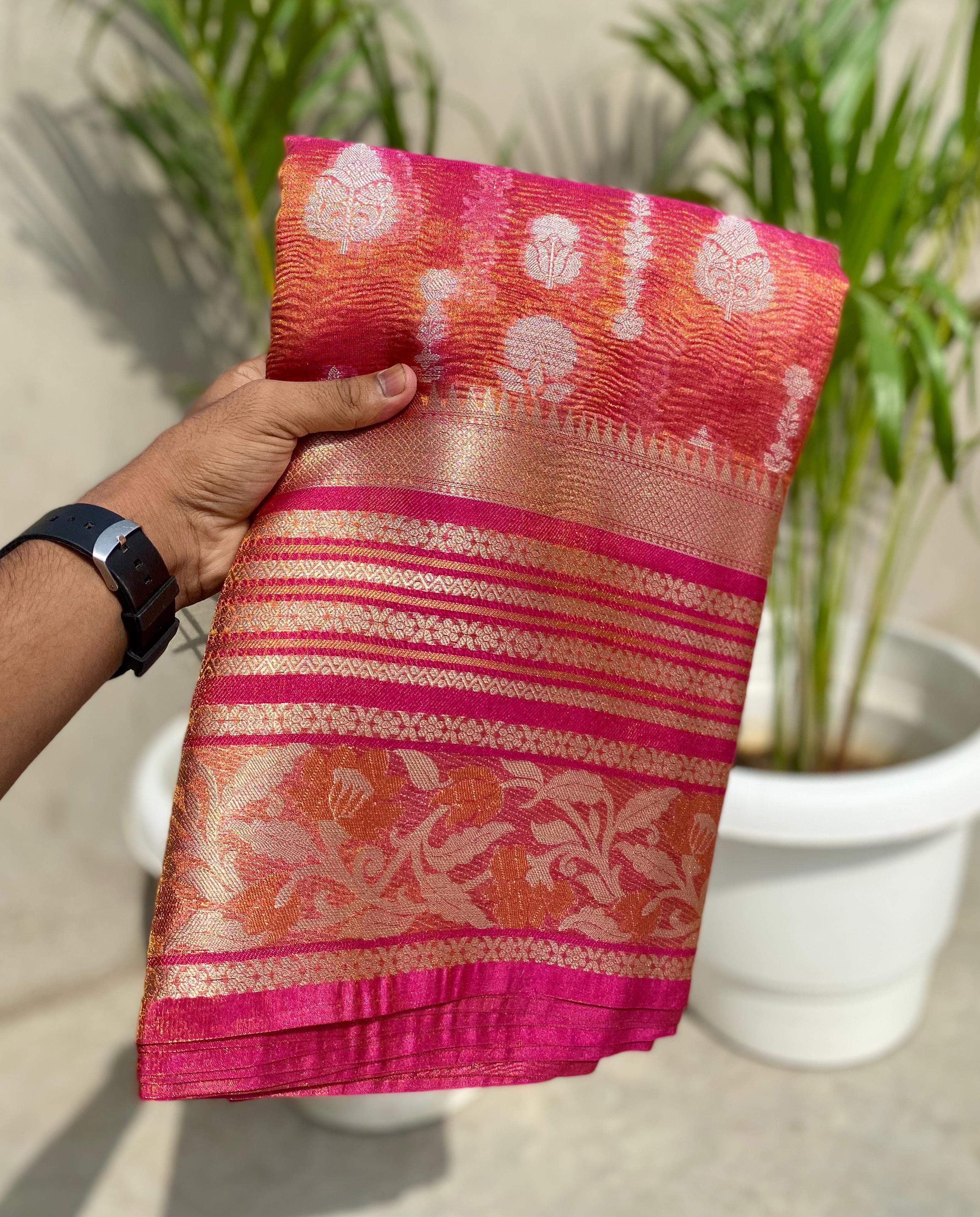 Banarasi tissue crushed Katan silk fabric saree - Eshana Collections