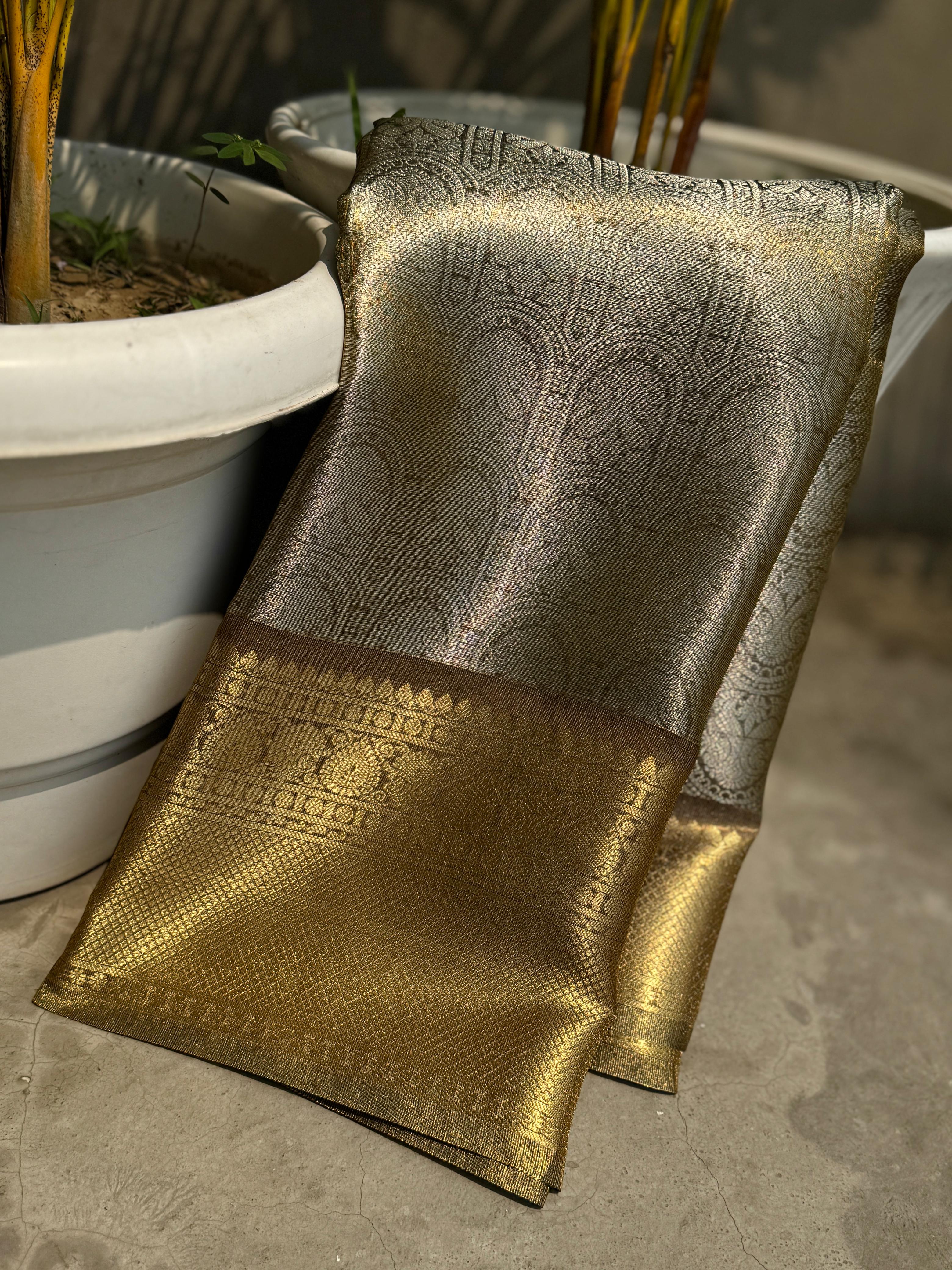 Golden semi Kanjivaram Tissue silk saree - Eshana Collections