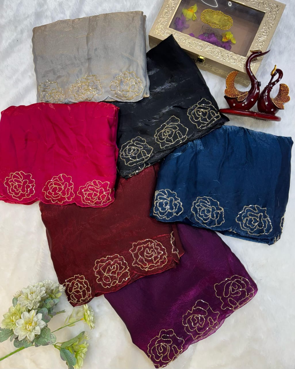 Designer satin crepe sarees - Eshana Collections