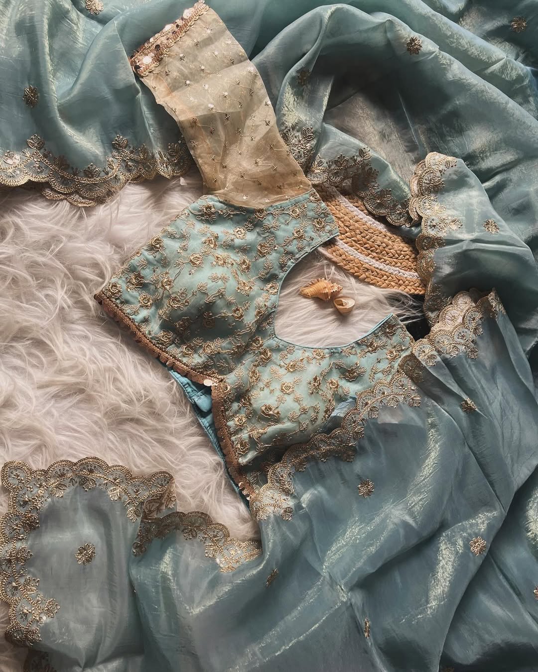 Gold tissue crushed silk sarees with readymade blouse - Eshana Collections